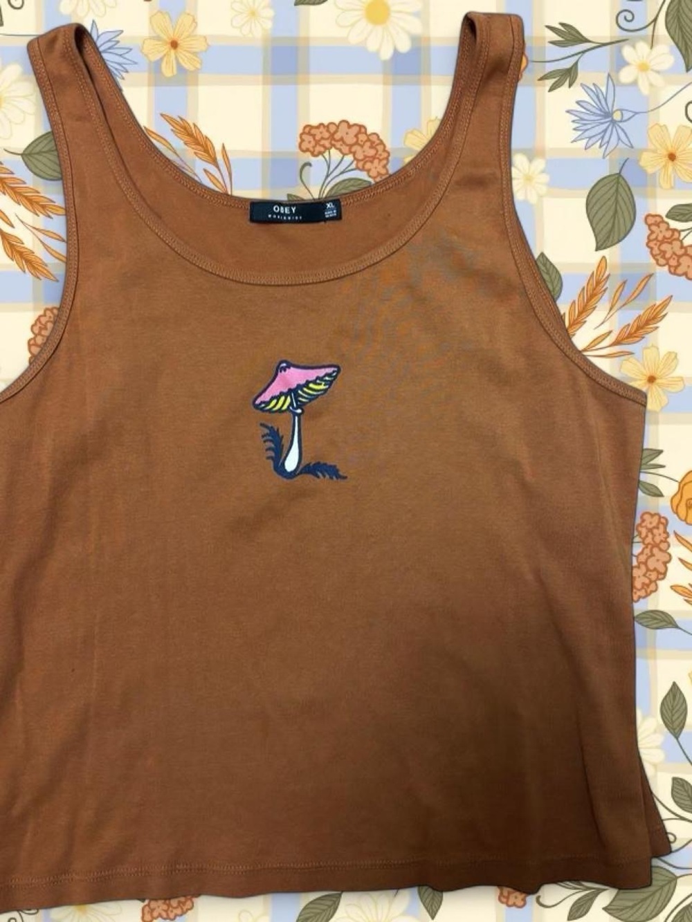 Obey brown tank top with mushroom design